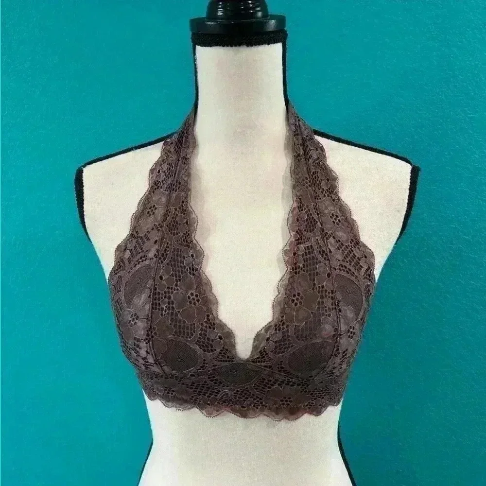 Intimately free people dark purple and black halter lace bralette in size xs